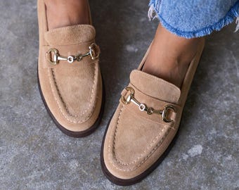 Beige Suede Penny Loafer Shoes, Horsebit Buckle Slip On Loafers, Work Office Shoes