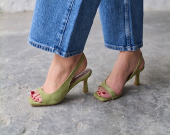 Escarpins à bride arrière en daim verts, chaussures de ville carrées à bout ouvert, sandales pour invitée de mariage