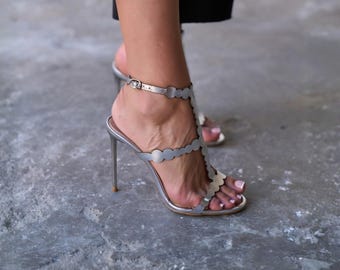 Silver Metallic Leather Strappy Heels, Open Toe Ankle Strap Heels, Stiletto Sandals, Wedding Shoes