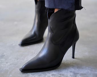 Black Leather Stiletto Ankle Boots, Women Pointed Toe High Heel Boots, Western Dress Booties
