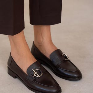 May include: A pair of dark brown leather loafers with silver-colored hardware. The shoes have a classic design with a rounded toe and a low heel. The loafers are worn with dark brown trousers.