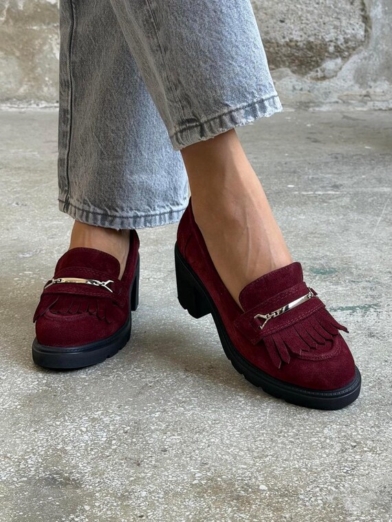 Burgundy Suede Fringe Loafers, Women's Block Heel Loafers, Round Toe Platform Shoes