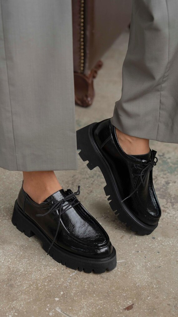 Black Patent Leather Chunky Oxfords, Lace Up Moc Toe Shoes, Platform Lug Sole Loafers