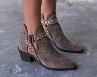Taupe Suede Ankle Cowboy Boots, Perforated Cut-Out Western Booties, Studded Buckle Strap Boots