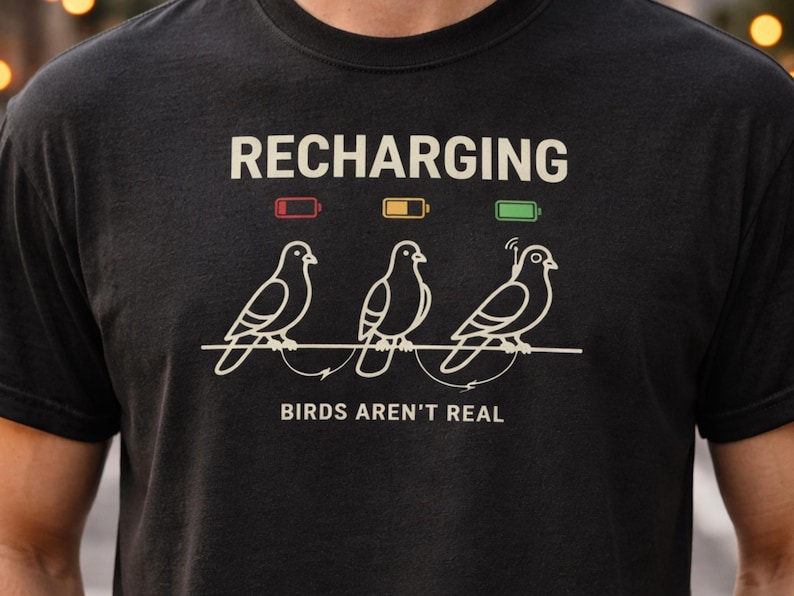 Camiseta "Los pájaros no son reales", camiseta divertida de teoría de la conspiración, camiseta de dron paloma recargable, meme de vigilancia gubernamental, regalo viral divertido imagen 1