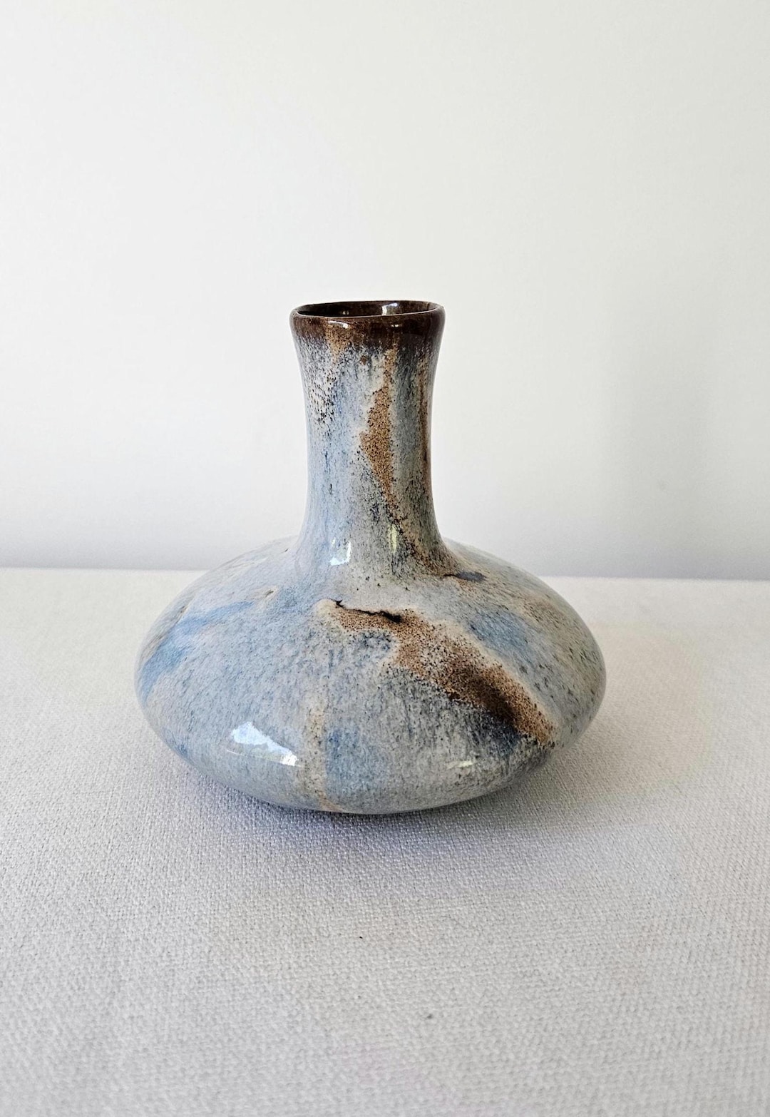 Blue & Brown Drip Glaze Pottery Vase: Mid-century Modern Bud Vase - Etsy