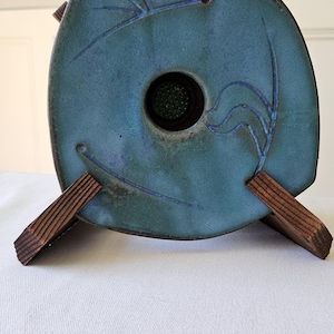 Signed Studio Pottery Ikebana Vase – Midcentury Modern Blue Ceramic Flower Frog – Sculptural Floral Vessel Japan Style