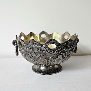 Vintage Ornate Silverplate Pedestal Bowl – Embossed Floral Scroll Design – Openwork Rim with Handles – Decorative Footed Dish