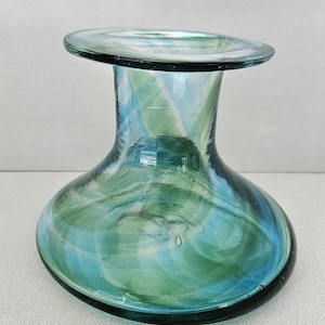 Signed Art Glass Vase – Hand Blown Green & Blue Swirl – Studio Glass Home Décor, Collectible Handcrafted Vase