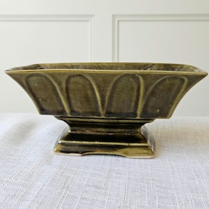 Vintage Olive Green Pedestal Bowl, Mid Century Pottery Planter, Haeger Style Ceramic Compote, USA Pottery Console Bowl, MCM Home Decor