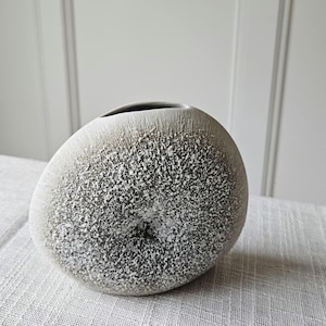 May include: A textured, gray and white ceramic vase with a rounded shape. The vase has a speckled pattern and a dark opening at the top. The vase is a decorative home decor item.