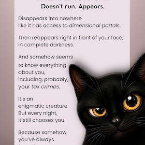May include: A digital art print featuring a black cat with bright yellow eyes. The image includes text that reads "THE BLACK CAT" and a poem about the cat's mysterious nature. The cat's fur is glossy, and the background is a soft pink.