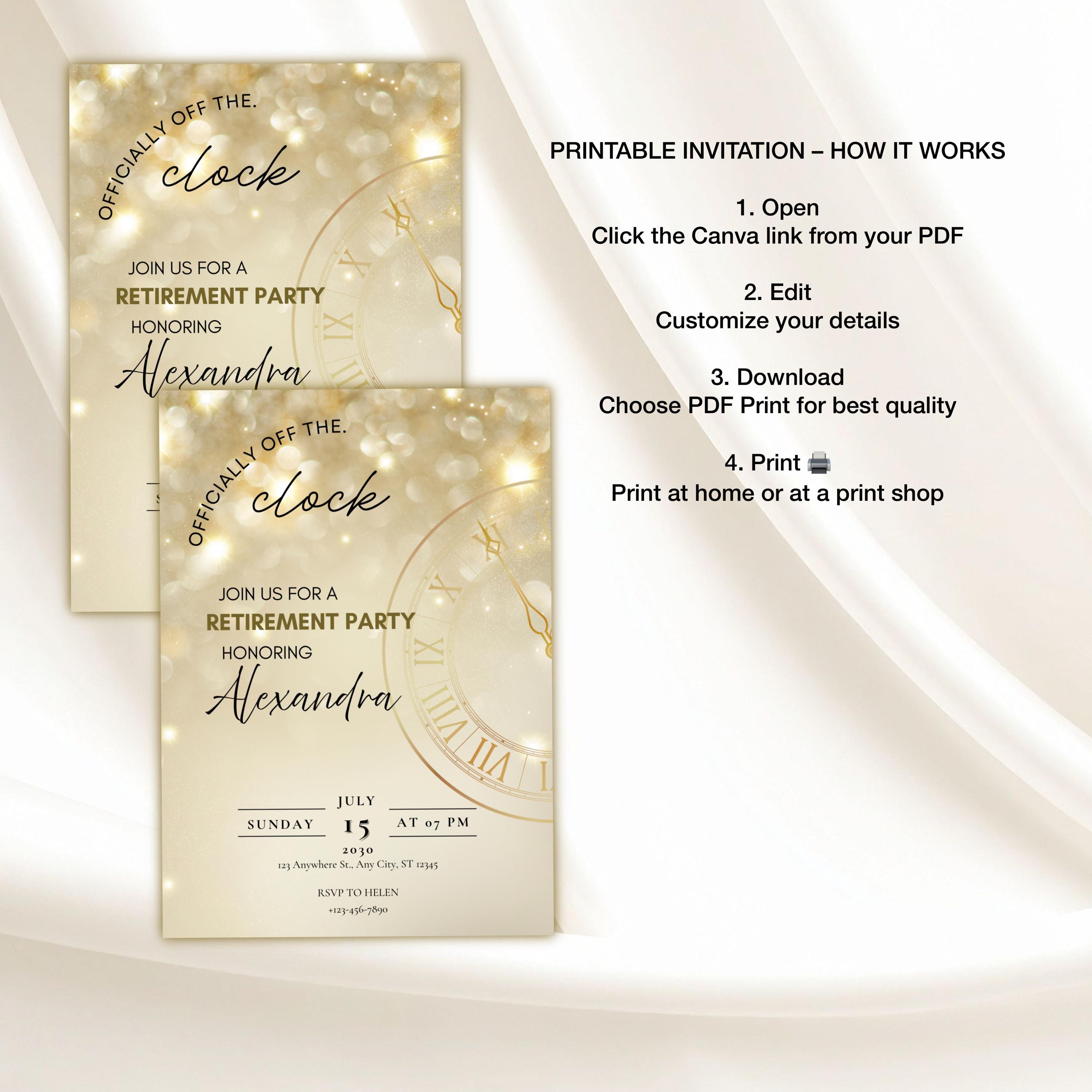 Off the Clock Retirement Party Invitation,editable Canva Template, Gold ...
