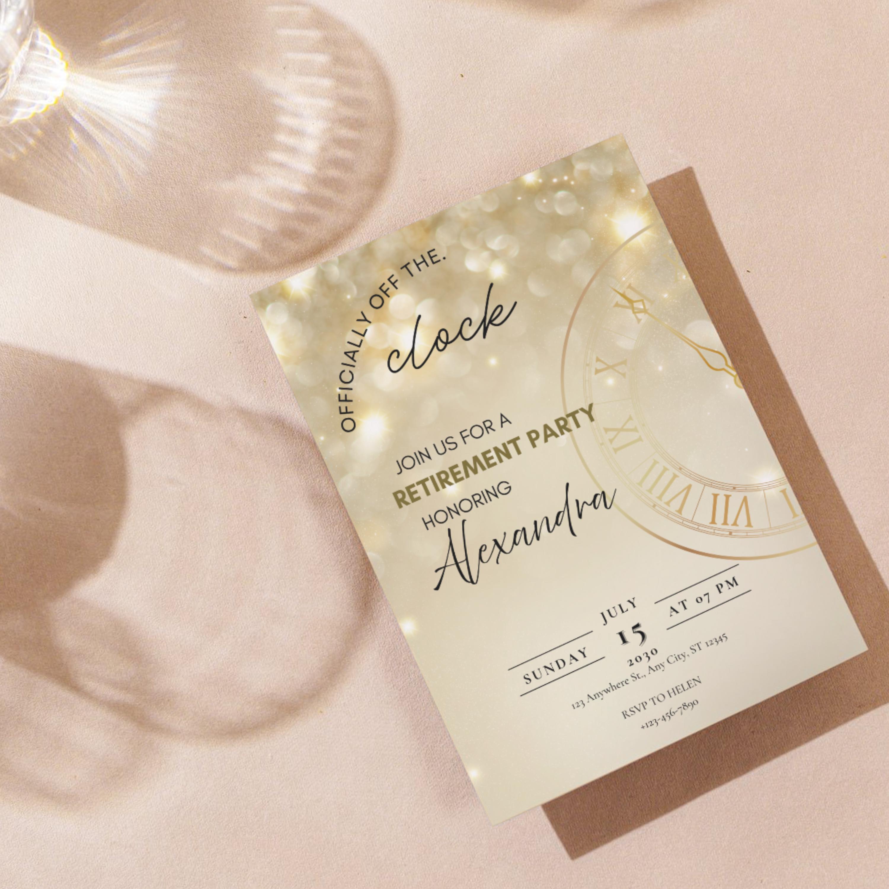 Off the Clock Retirement Party Invitation,editable Canva Template, Gold ...