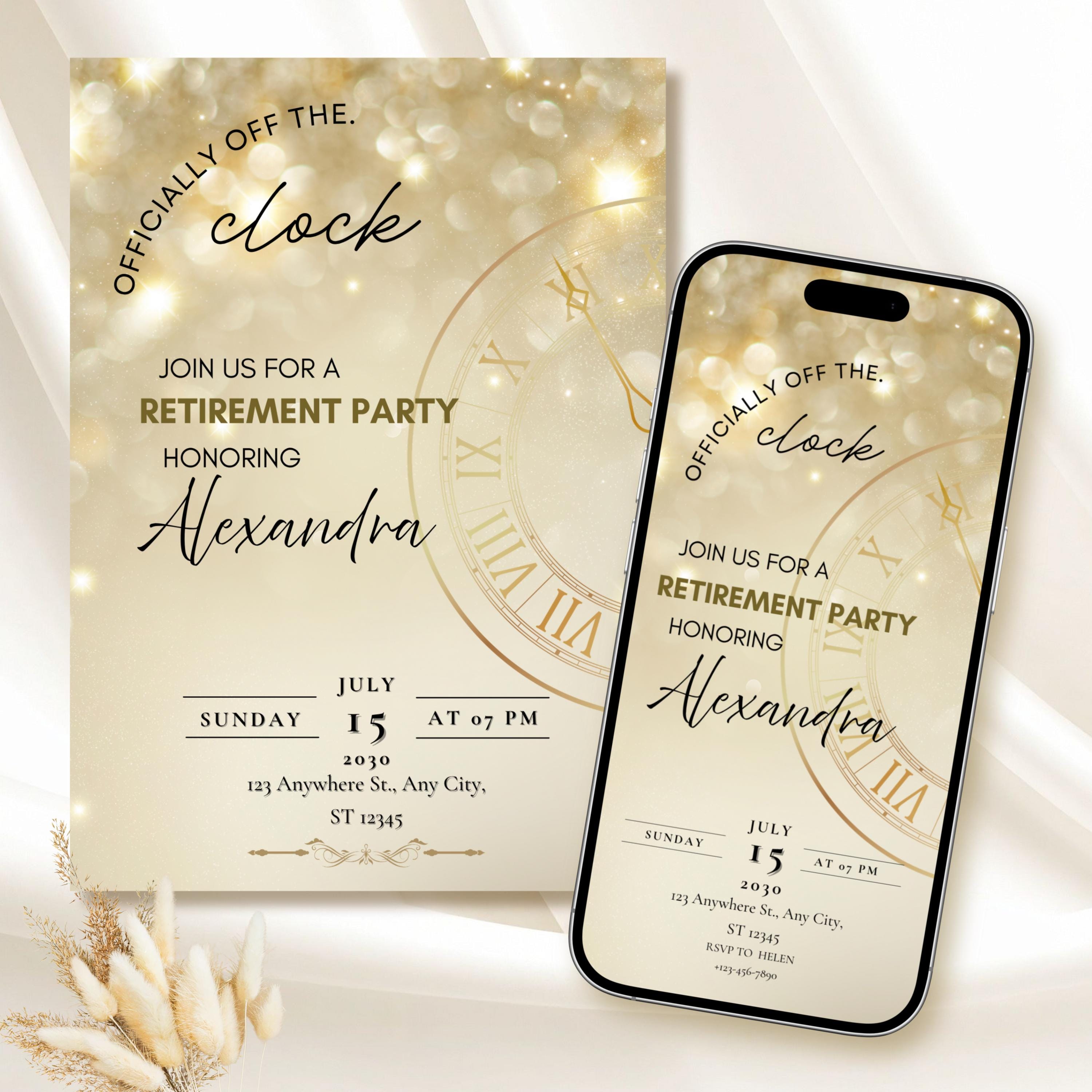 Off the Clock Retirement Party Invitation,editable Canva Template, Gold ...