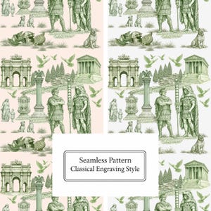 Può includere: Motivo senza cuciture in stile incisione classica. Il design presenta soldati romani, cani, elementi architettonici e uccelli in volo in tonalità verdi su sfondo rosa chiaro. Il testo "Seamless Pattern Classical Engraving Style" è visualizzato.