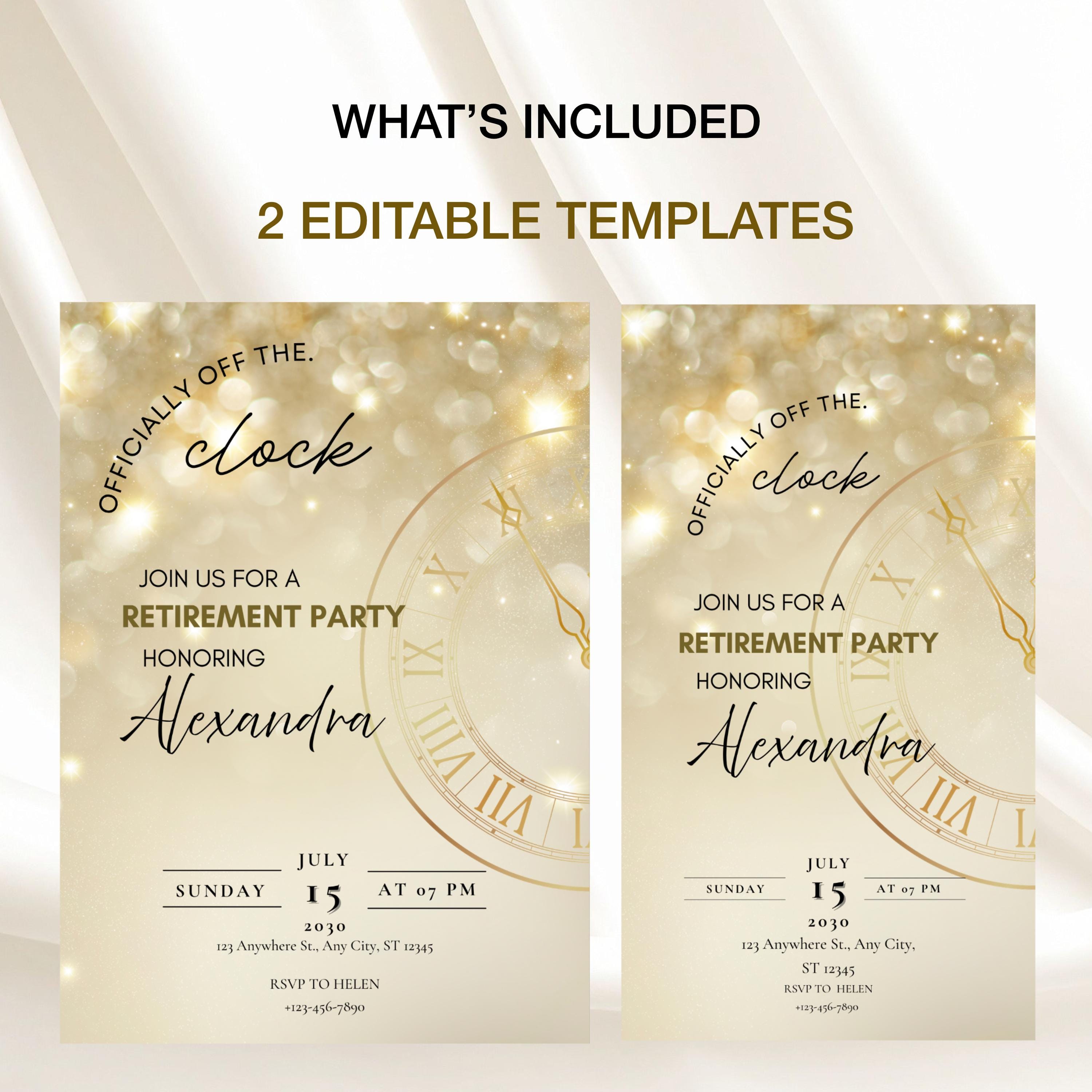 Off the Clock Retirement Party Invitation,editable Canva Template, Gold ...