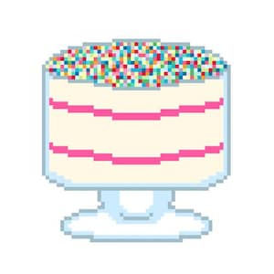 May include: A pixel art illustration of a layered cake in a glass pedestal bowl. The cake features cream-coloured frosting with two horizontal pink stripes and a top layer covered in a dense collection of multicoloured sprinkles in bright hues.