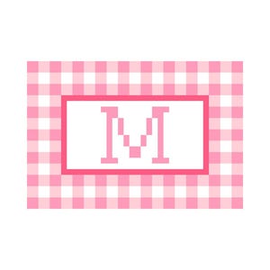 May include: A rectangular design featuring a pink and white gingham pattern border. Inside, a white rectangle with a pink border contains the letter "M" in pink, pixelated font. The design is set against a white background.
