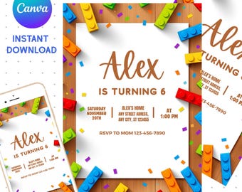 Construction Blocks Birthday Invitation Template, Editable Canva Party Invite (Digital Download)