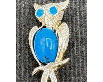 Vintage 60s Owl Brooch Pin Gold Tone Blue Stones