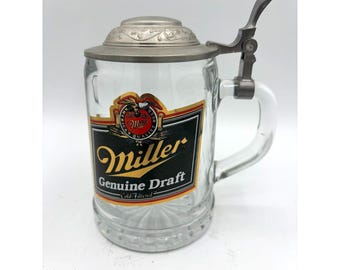 Vintage Miller Genuine Draft Beer Stein, W. Germany Glass, Pewter Hinged Lid