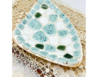 Vintage MCM Brass and Mosaic Tile Trinket Dish Blue White