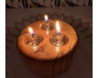 Vintage Hand Turned Wood Three Wick Oil Lamp MCM 70s