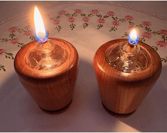 Pair Vintage MCM Hand Turned Wood Oil Lamps with Glass Inserts