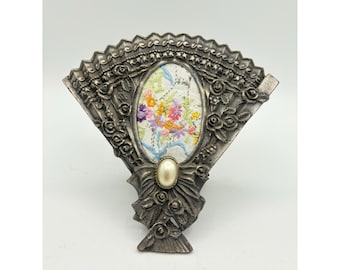 Vintage Fan Shaped Pewter Picture Frame Vintage Embroidery Tabletop