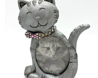 Vintage Pewter Cat Picture Frame Tabletop Jeweled Collar