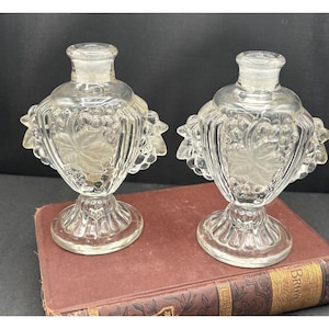 Pair Vintage Irice Art Deco Pressed Glass Perfume Bottles 1940s Design Vanity