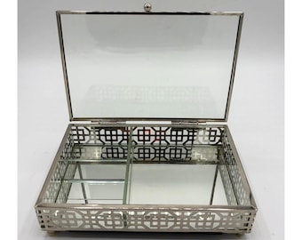 Retro Style Glass Mirror Silver Tone Footed Jewelry Box