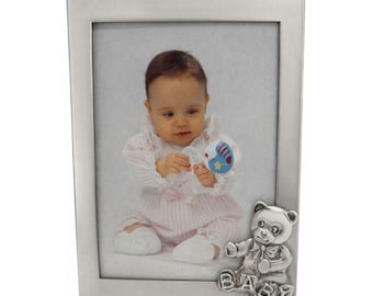 Vintage Silver Plate Baby Picture Frame Teddy Bear Tabletop Baby Shower Gift