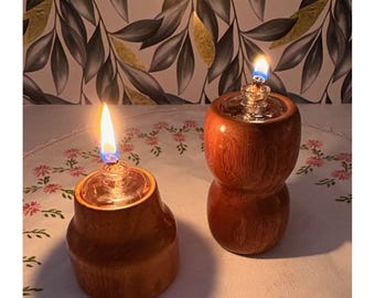 Pair Vintage MCM Hand Turned Wood Oil Lamps with Glass Inserts