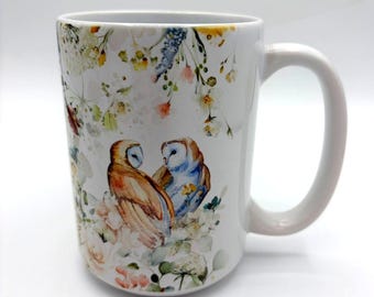 VTG Owl Mug Watercolor Design Floral Large Coffee Mug