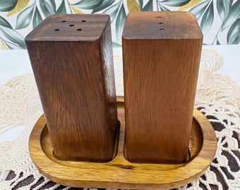 Vintage 70s Wood Salt and Pepper Set with Base
