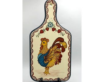VTG Cottagecore Rooster Hand Painted Bread Cutting Board Strawberries Country Farmhouse