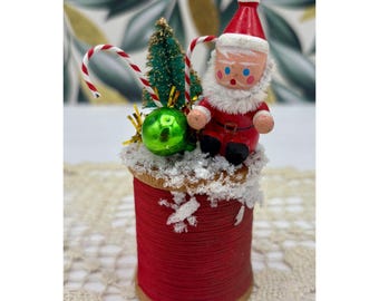 Miniature ALL VINTAGE Thread Spool Christmas Assemblage Santa