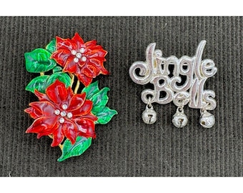Lot 2 Vintage Christmas Pins Enamel Rhinestone Jingle Bells