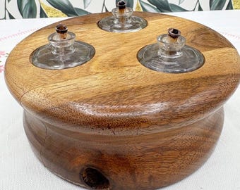 Vintage Hand Turned Wood Three Wick Oil Lamp MCM 70s