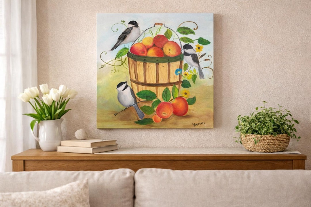 Original Folk Art Apple Basket Painting — Chickadees, Fruit & Floral ...