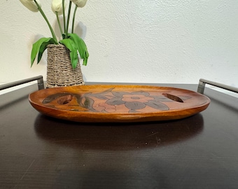 Asas ovaladas de madera tallada vintage con diseño floral, estilo bohemio y cottagecore, 13x8