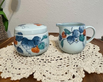 Vintage Arita Ware Japanese Porcelain Creamer & Covered Sugar Jam Pot Strawberry