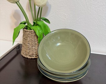 Highland Stoneware Japan Set 4 Sage Green Bowls 4108 Vintage Farmhouse 6.5"