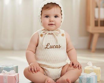 Stickad bodysuit för pojke och flicka, vintage set med vågig mössa, personlig dopdräkt, presentset som minnesmärke för babyshower