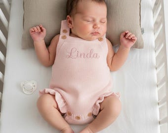 Personalized Baby Romper,Custom Name Newborn Coming Home Outfit, Embroidered Knit Bodysuit for Baby Girl, Newborn Gift, Baby Shower Keepsake