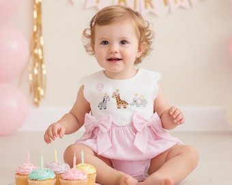 Conjunto Safari para el primer cumpleaños de niña, mameluco rosa de animales para fiesta, mameluco burbuja con temática de la jungla para sesión de fotos con pastel, lindo vestido de animales para el primer cumpleaños