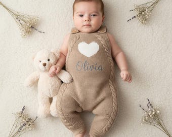 Christmas Custom Name Knit Baby Romper | Personalized Embroidered Back Teddy Bear Sweater | Newborn Holiday Gift & Pregnancy Announcement