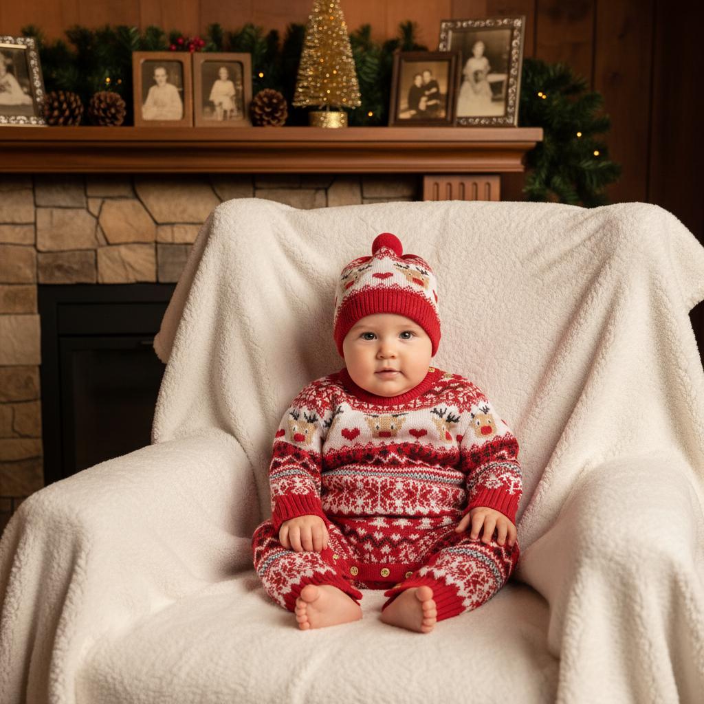 Custom Reindeer Christmas Romper Woodland Boho Baby Holiday Outfit Heirloom Machine Embroidered Winter Knit Sweater Jumpsuit